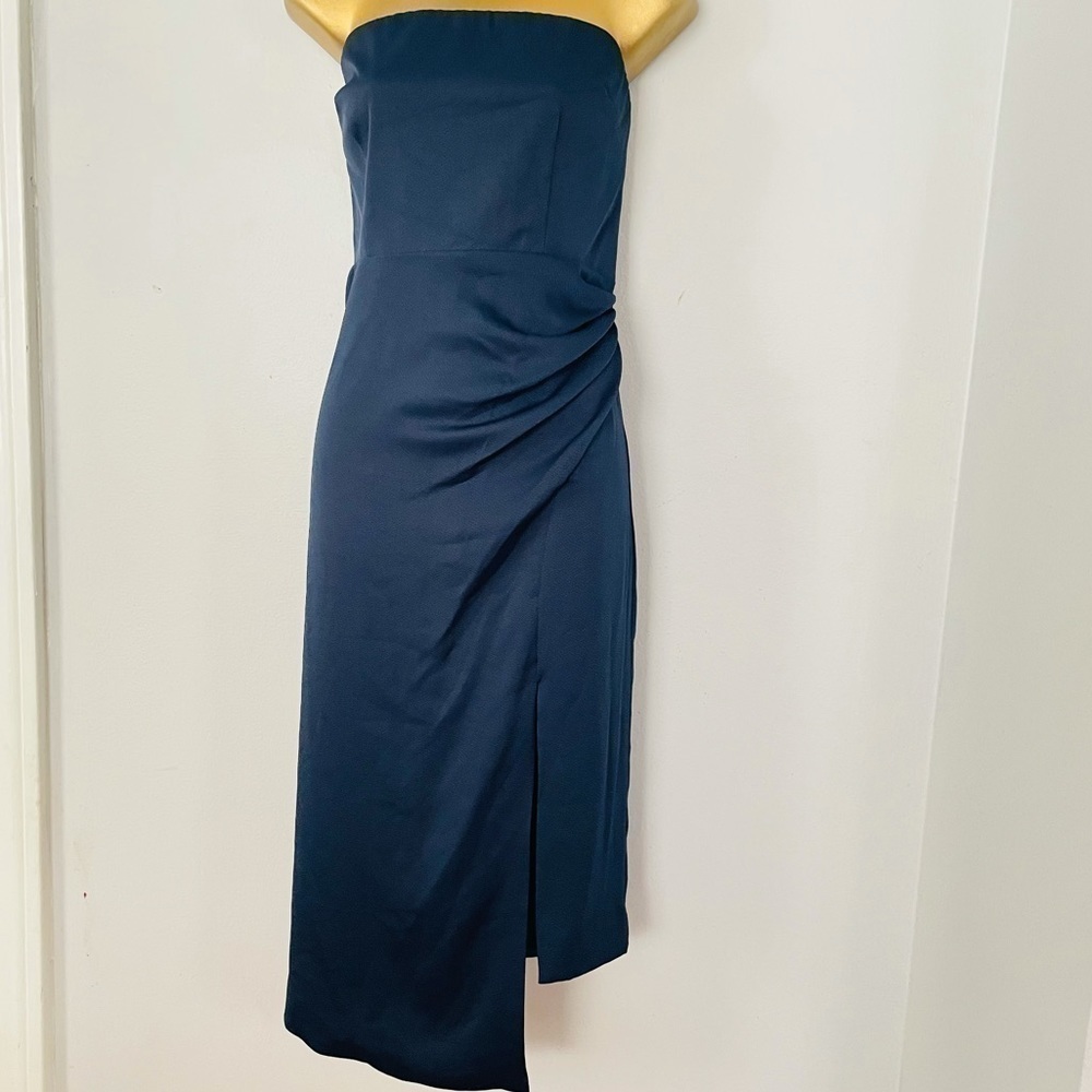 Cushnie Navy Strapless Ruched Midi Dress Side Slit Designer Cocktail Size 12 - Picture 2 of 6
